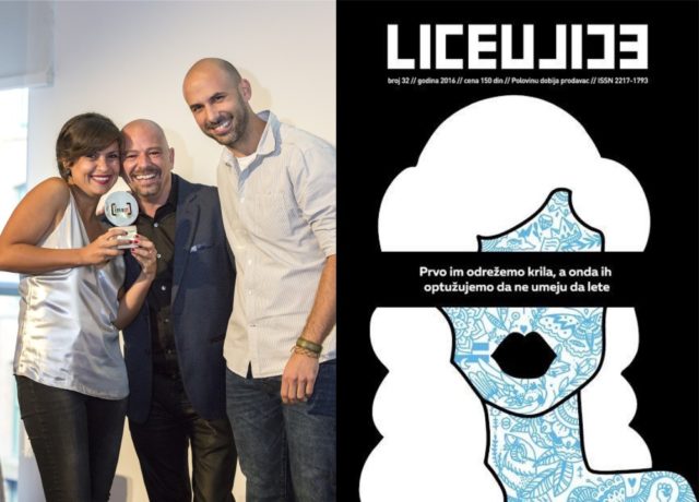 Nikoleta Kosovac (left) and Marko Tomasevic (right) collect their award from Serge Lareault (centre). Photo by: Rebecca Lupton. Right: Winning Liceulice cover.