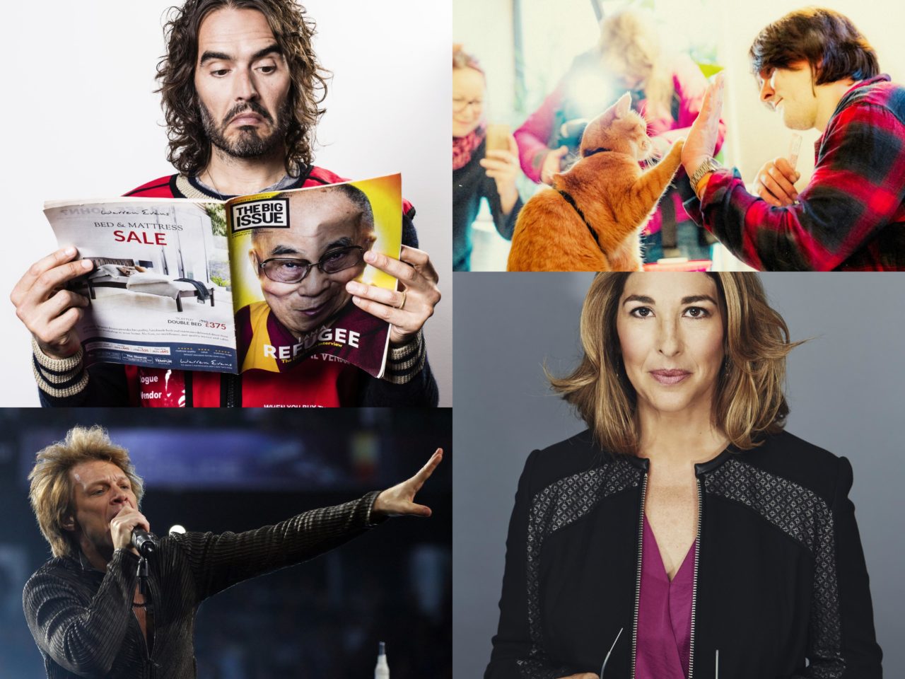 Top Left: Russell Brand (Credit: Louise Haywood-Schiefer); Top Right: Streetcat Bob (Credit: Dimitri Koutsomytis); Bottom left: Jon Bon Jovii (Credit: REUTERS/Brian Snyder); Bottom Right: Naomi Klein (Credit: Kourosh Keshiri)