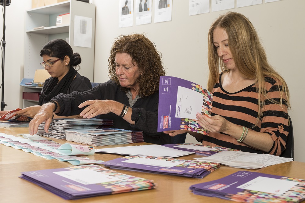 Jodi working at the Women's Subscruption Enterprise at The Big Issue Australia. Credit: Ross Swanborough