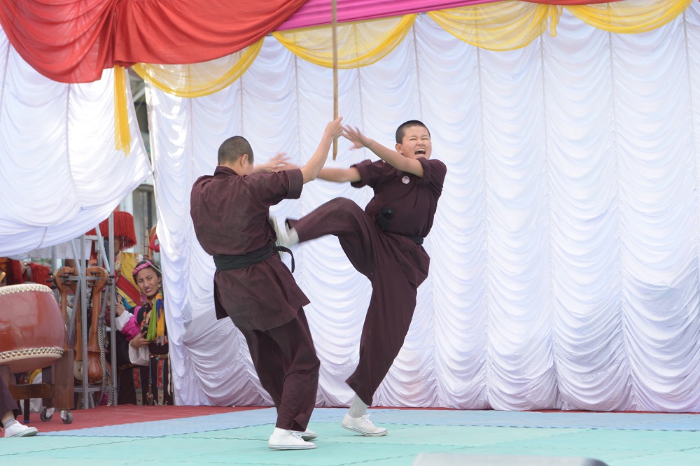 Jigme Wangchuk Lhamo practicing kung fu at the nuns' monastery home