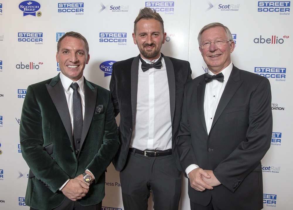 David Duke (centre), with Celtic FC manager Brendan Rodgers (left) and former Manchester United manager Sir Alex Ferguson (right)