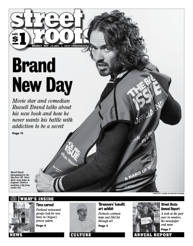 <br>The Big Issue (UK)'s Russell Brand interview as the cover story of Street Roots (USA)