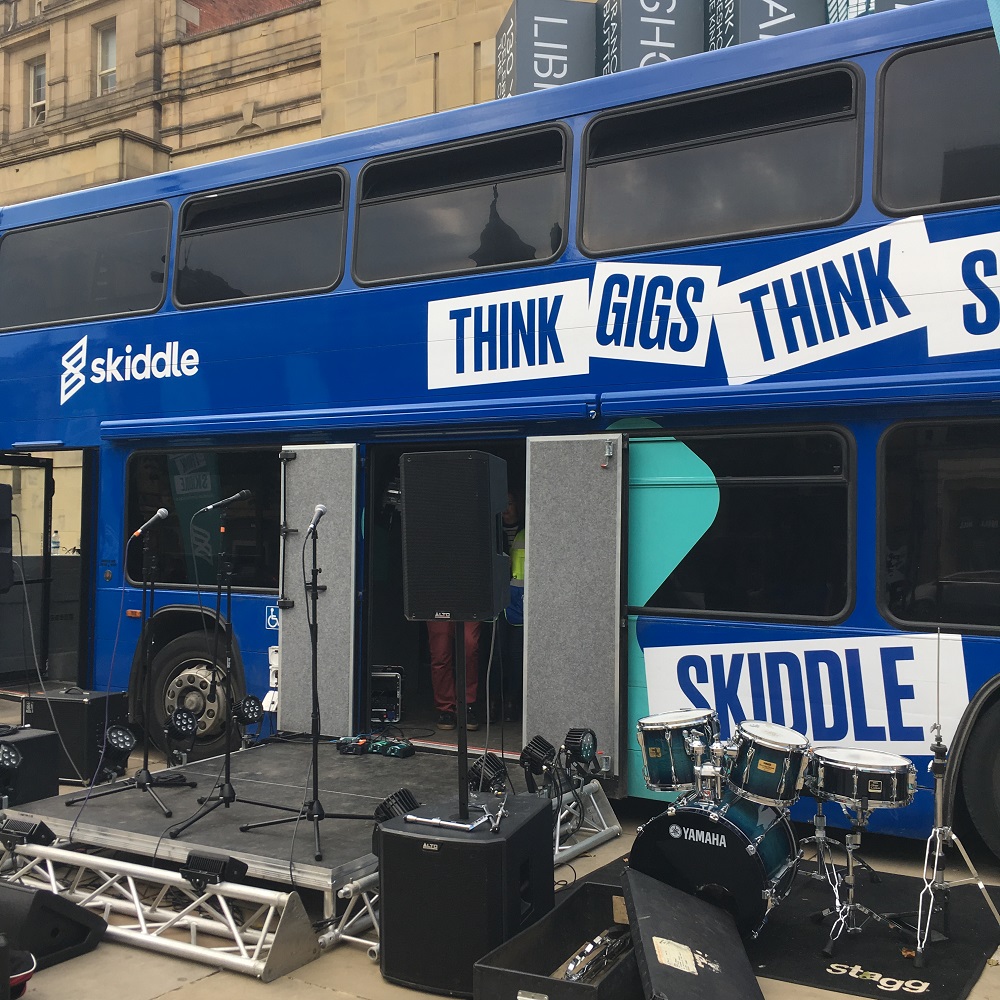 The Big Busk bus, provided by ticketing outlet and events guide Skiddle, all set up for a day of music in Leeds