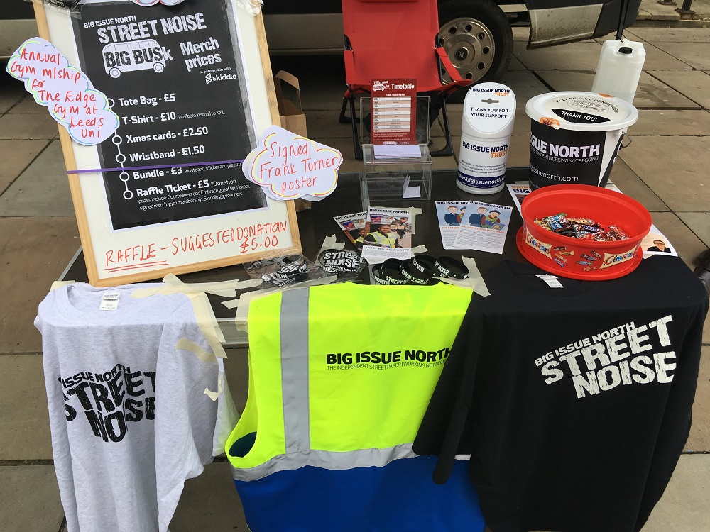 The Big Issue North stand where donations were made, raffle tickets were purchased, merchandise was bought and information was learned throughout the Big Busk.