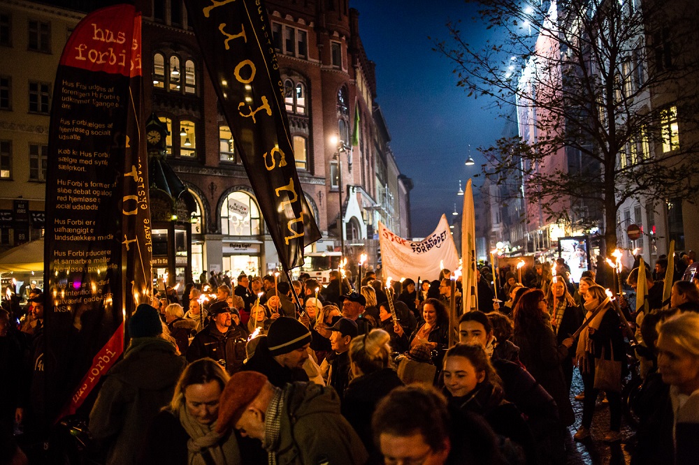 People in Copenhagen take part in a public demonstration in support of homeless people in Denmark. Credit: Mette Kramer Kristensen