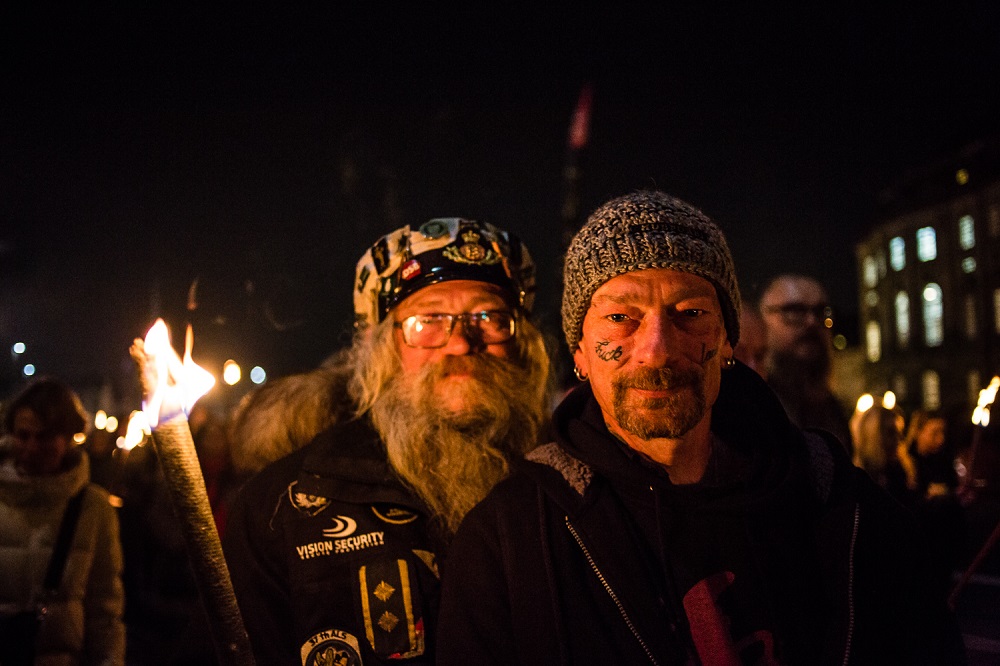 Hus Forbi vendors André (right) and Leif at the demonstration. Credit: Mette Kramer Kristensen