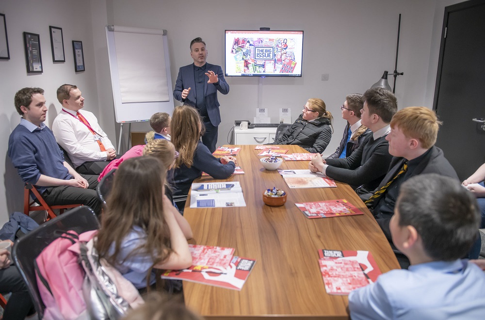 Pupils from a handful of school social enterprises (Bellahouston Academy, Mary Russell School, Pirie Park Primary School and St Joseph’s Primary School) stop by the Big Issue editorial office to present their businesses, learn about the magazine and try their hands at editing the magazine. (Credit: Jamie McFadyen)