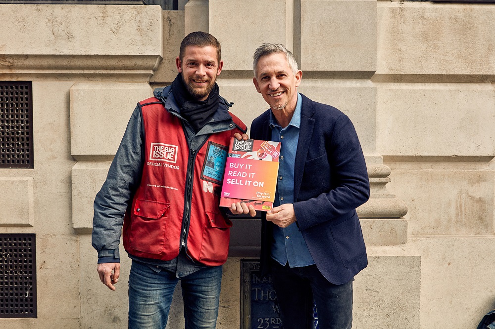 • Aaron Dunn, Big Issue vendor with Gary Lineker, who is lending his support to the launch of Pay It Forward, a new system which turns The Big Issue into the world’s first resellable magazine. (Credit: The Big Issue)