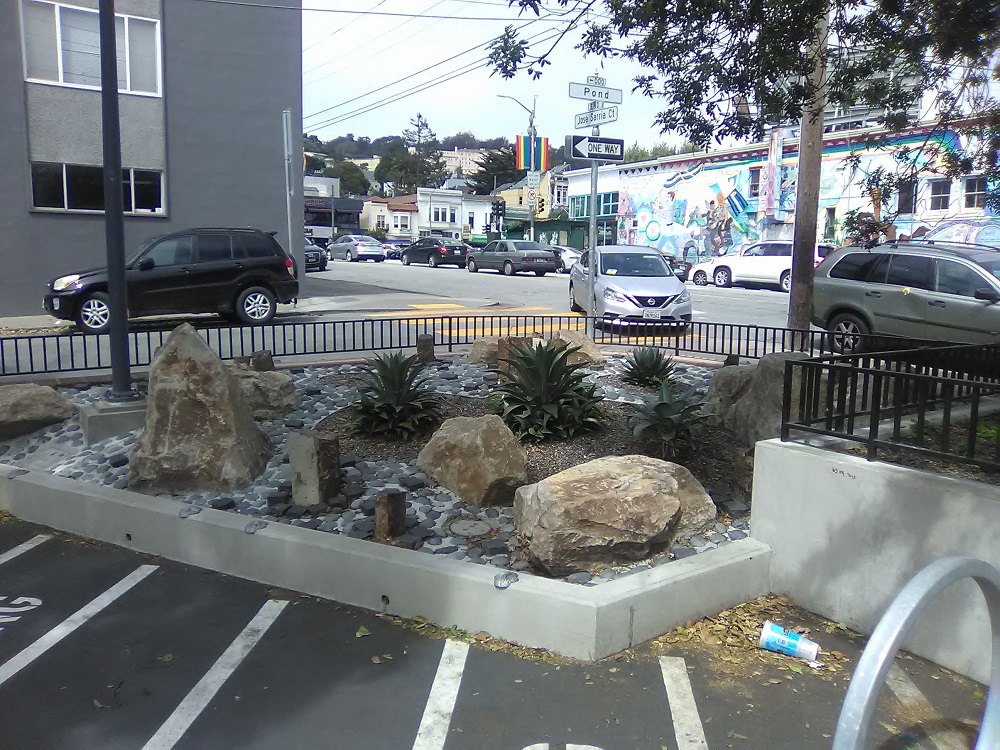 Decorative rocks put in place outside the public library in the Castro district of San Francisco. [Credit: TJ Johnston]