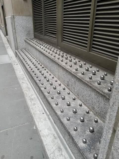 Examples of hostile architecture in various cities from the Instagram page @defensivecity [Photos taken by Jordan Halsall]