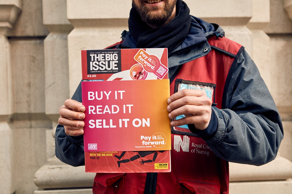 • The Big Issue has partnered with digital bank Monzo to help Big Issue magazine vendors earn more by making every reader a potential seller. (Credit: The Big Issue)