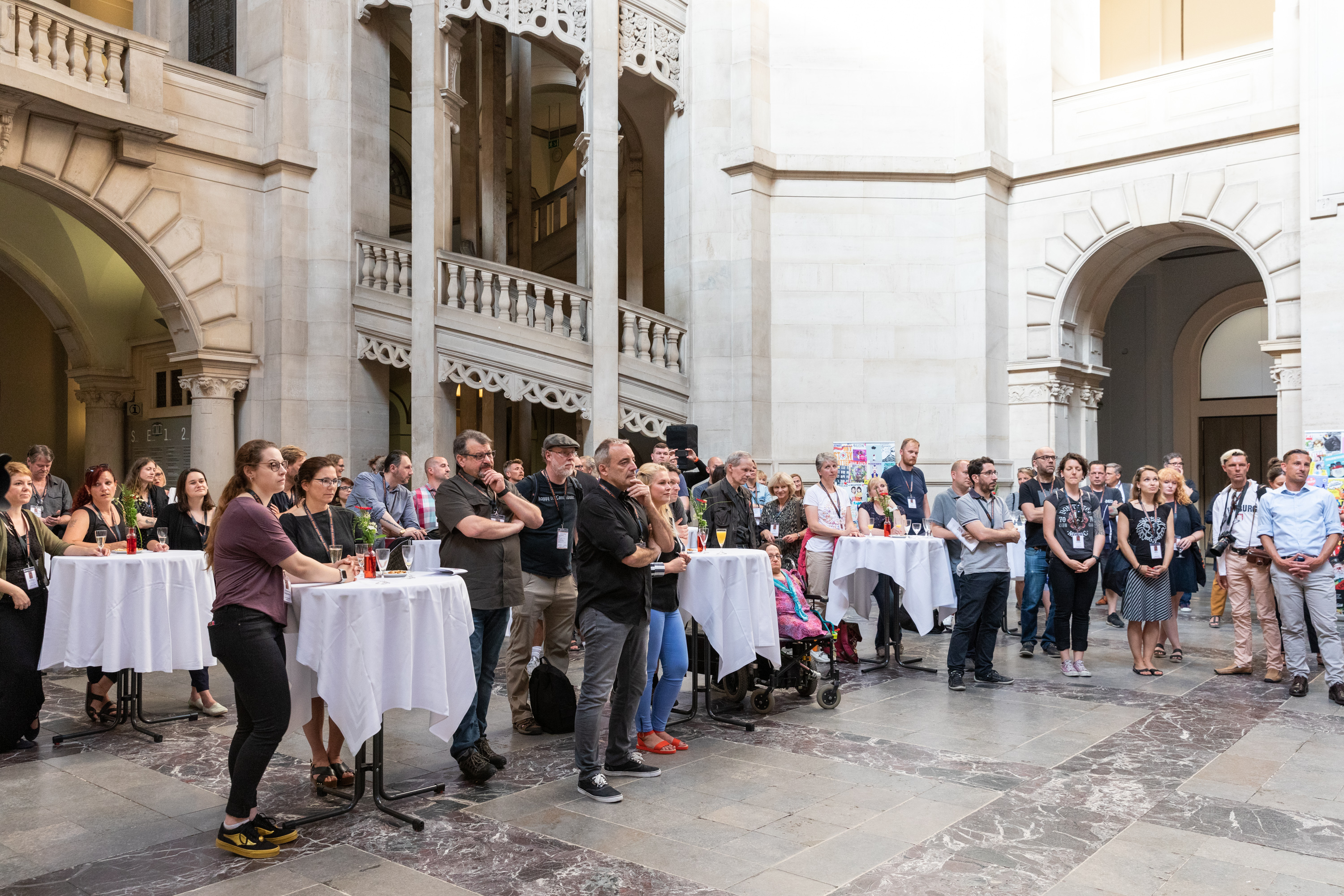 Welcome Reception at the Neues Rathaus during the 2019 Global Street Newspaper Summit in Hannover, Germany 17th June 2019. The summit was co-organised by INSP (International Network of Street Papers) and Asphalt- Hannover street magazine. In 2019 both Aspahlt and INSP celebrate their 25th anniversaries. (Credit: Selim Korycki)