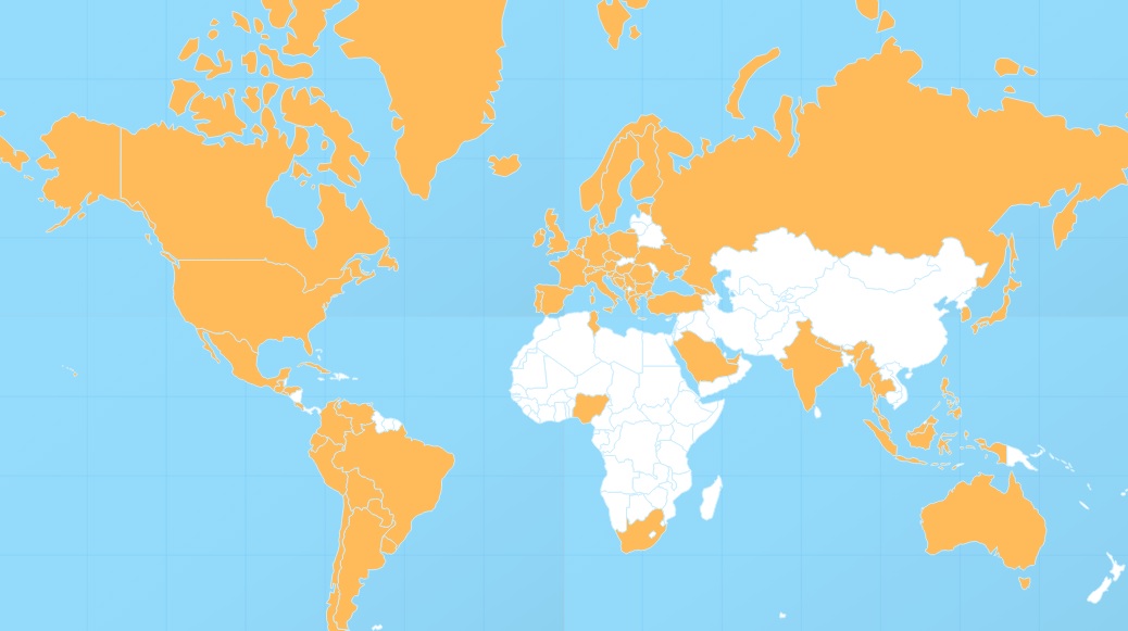 Map of countries where votes came from in the People's Cover Award. The yellow countries indicate where votes were received.