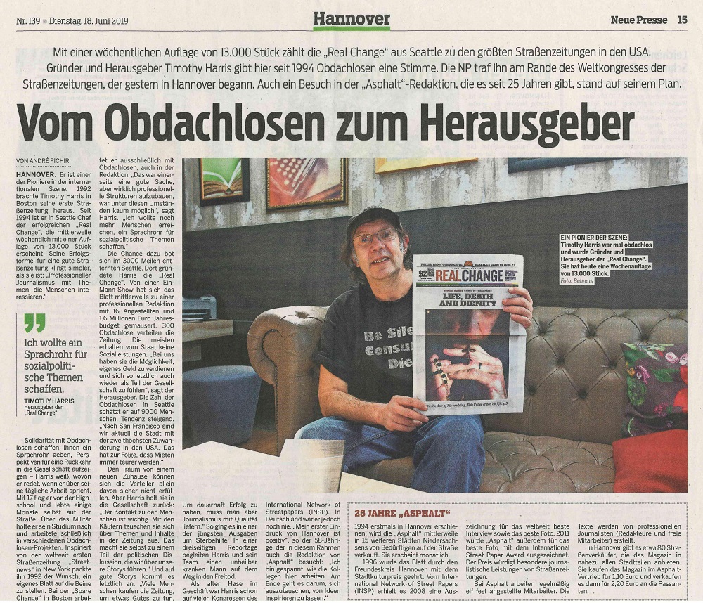 Harris was interviewed for a story in local newspaper in Hannover, Germany during the 2019 Global Street Paper Summit