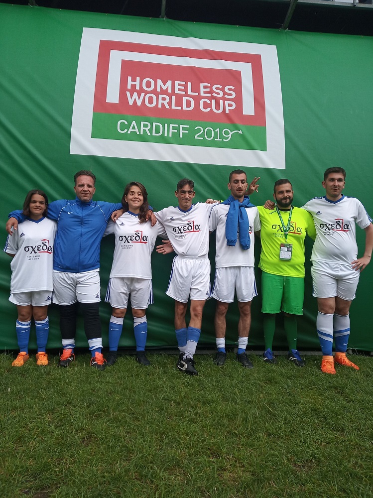 Angela (third from left) with the Greek Homeless World Cup team, made up of players from the adjacent street soccer project of the country's street paper Shedia. [Courtesy of Shedia]