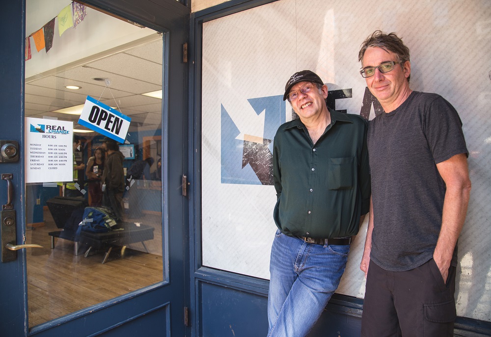 Real Change Founding Director Tim Harris (left) with Stone Gossard, guitarist with the Pearl Jam. Last fall the rock band performed two shows in Seattle and donated proceeds to organizations addressing homelessness.