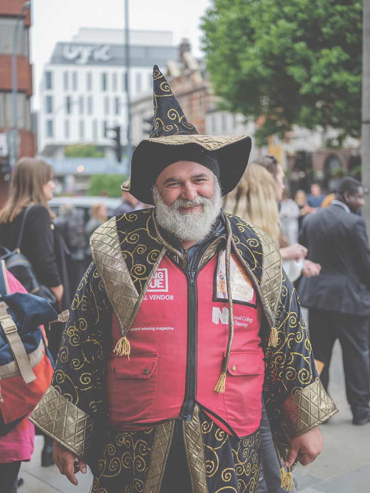 43-year-old Big Issue (UK) vendor Remus Diaconescu sells the street paper from his pitch at Hammersmith Station in London. Credit: Orlando Gili