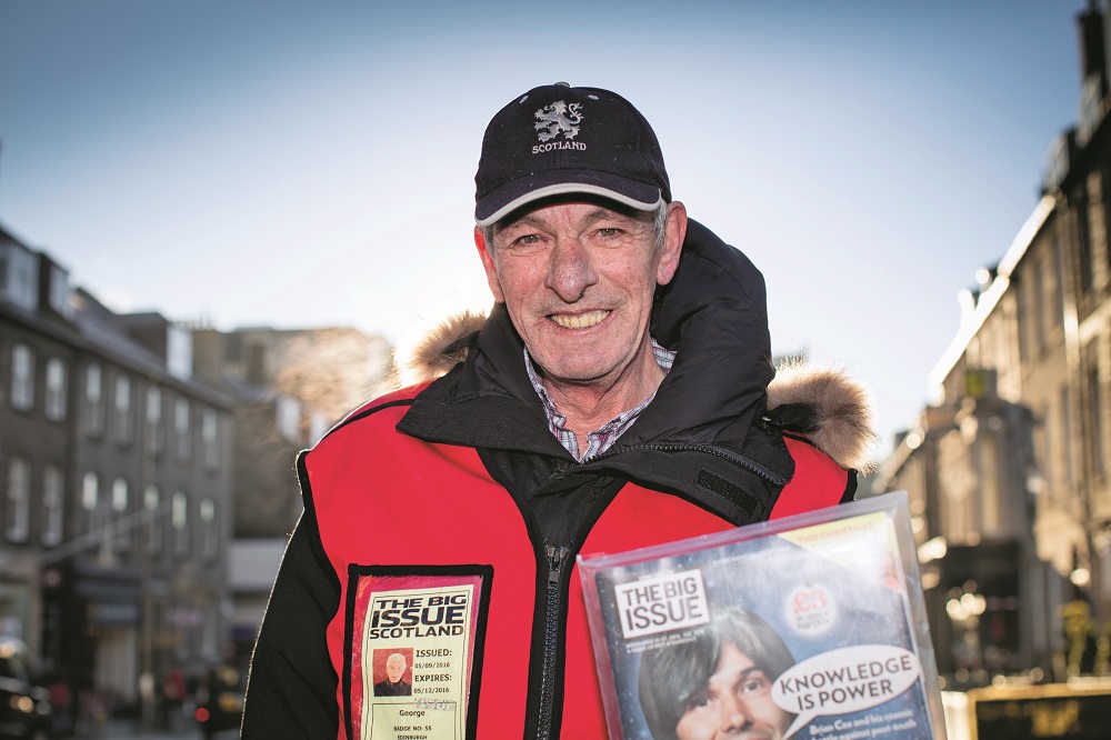 Big Issue vendor George Whyte at his pitch on Edinburgh's George street. Credit: Jo Hanley