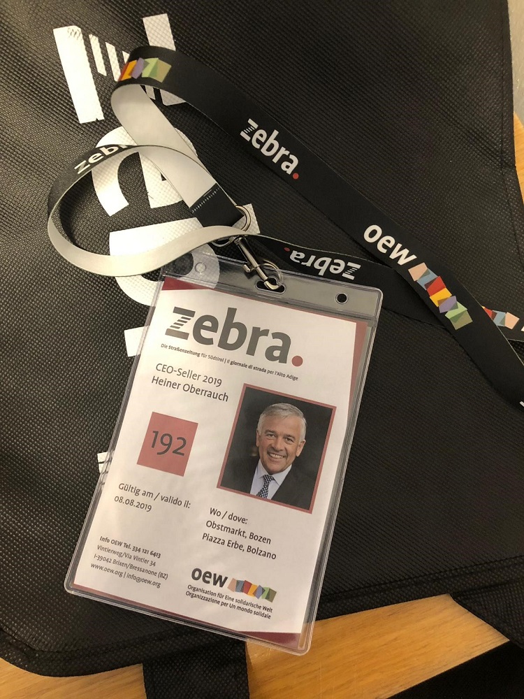 Heiner Oberrauch's special one of zebra. vendor badge. [Courtesy of zebra.]