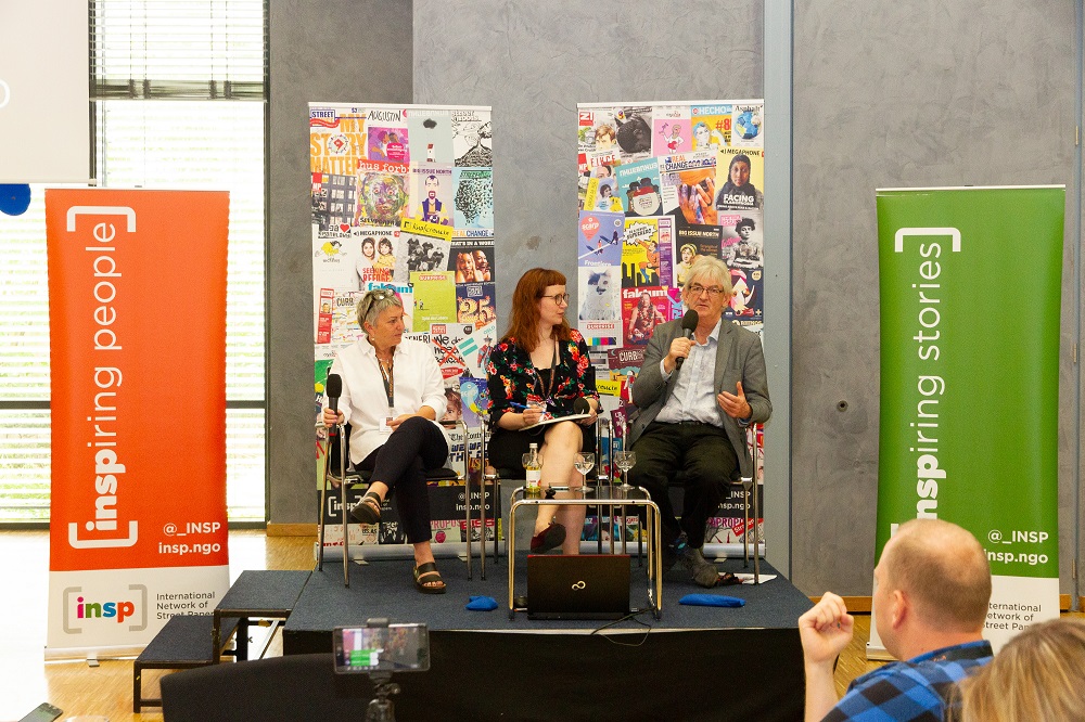 (L-R) Fay Selvan, Hannele Huhtala and Mel Young at the 2019 Global Street Paper Summit in Hannover. [Credit: Sebastian Sellhorst]