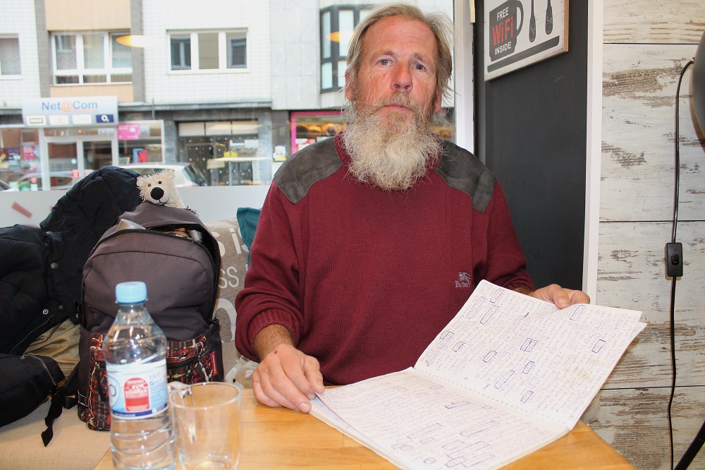 Lothar with part of his handwritten travel diary. Some words have been highlighted in boxes and later made reference to. Photo: Sabrina Burbach