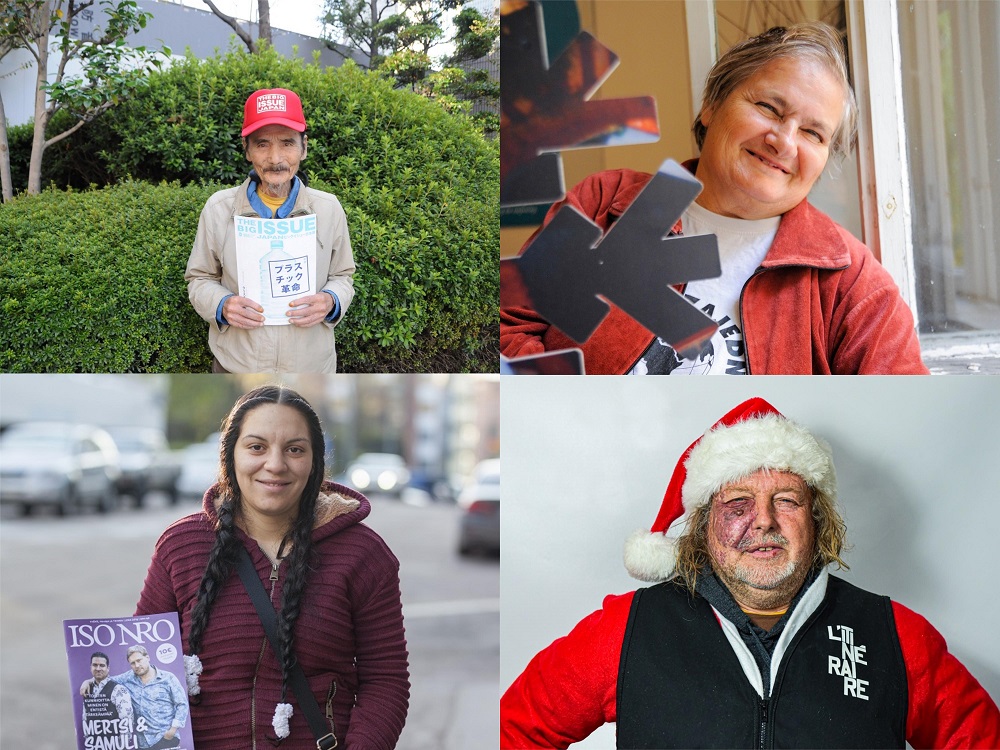 [Top, L-R]: Big Issue Japan vendor Toshihiko Sakata; Liceulice vendor Mara Miletić. [Bottom, L-R]: Iso Numero vendor Anglia; L'Itinéraire vendor Maxime Valcourt.