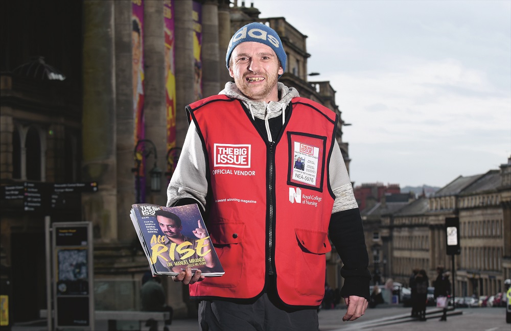 Big Issue vendor Lee Cooke who sells the magazine outside of the Theatre Royal in Newcastle upon Tyne