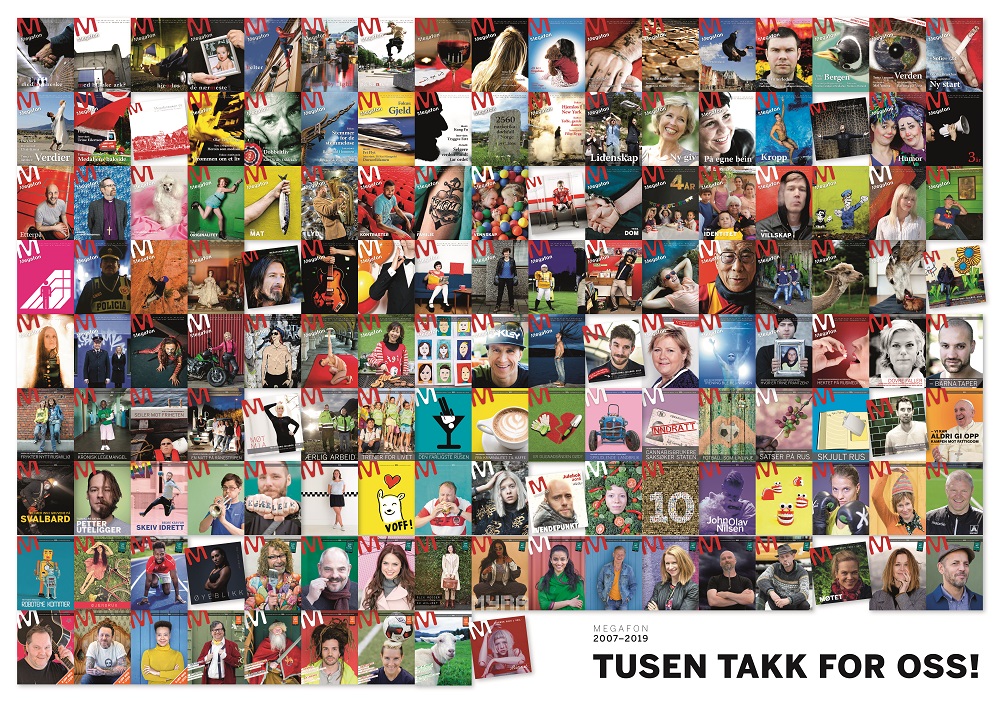 All Megafon covers. The caption "Tusen takk for oss!" is a farewell, roughly meaning "thank you for all the support".