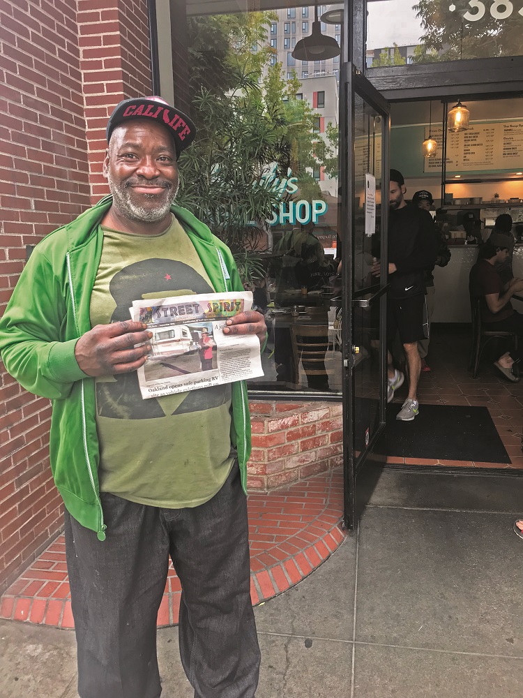 Street Spirit vendor Derrick Hayes. [Credit: Alastair Boone]