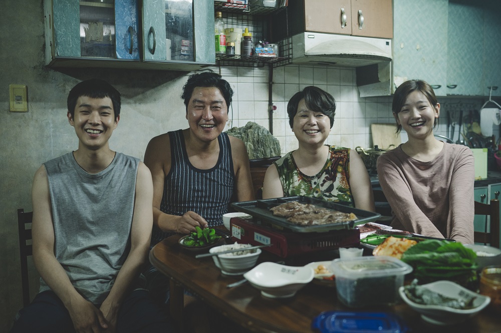 Parasite cast (L-R): Choi Woo-shik, Song Kang-ho, Chang Hyae-jin, Park So-dam. [Image courtesy of NEON.]