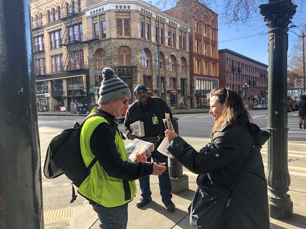 Pearl Jam's Stone Gossard during #VendorWeek 2019. He will participate in Real Change's selling event this year too. [Photo credit: Erin Buell]