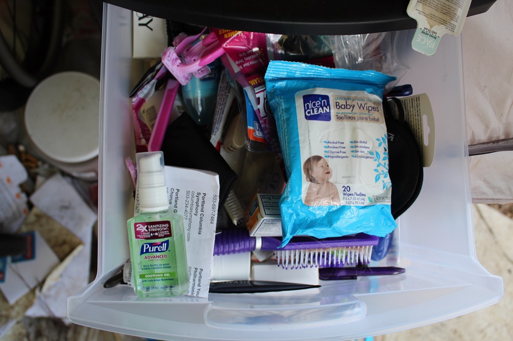 A medical tent that is part of a homeless camp in Portland is stocked with hygiene supplies. [Credit: Joanne Zuhl]