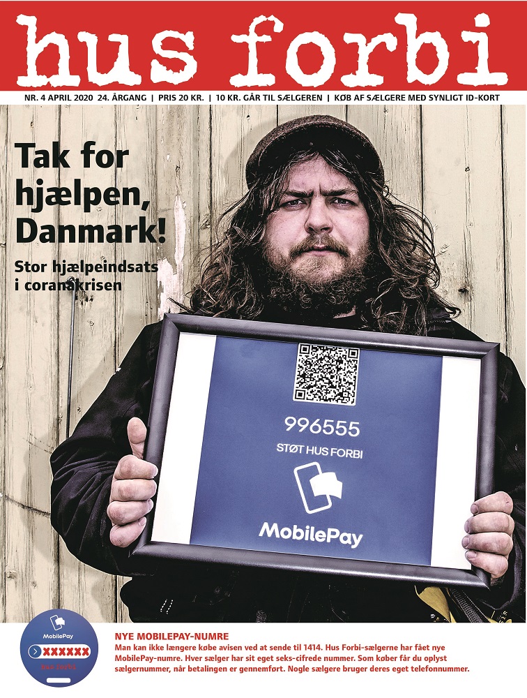 Chairperson of the Hus Forbi organisation, Simon Nielsen, on the cover of the April edition in which 12 pages were removed last minute to make place for coverage of the corona situation. 