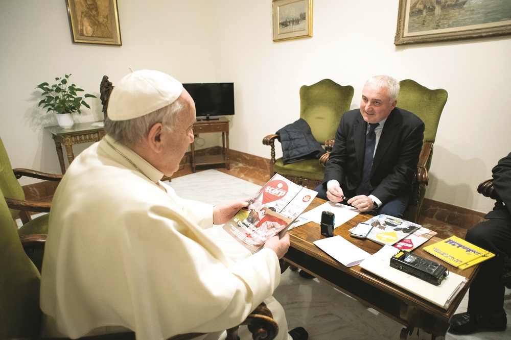 in 2017, Scarp de' tenis editor Stefano Lampertico interviews Pope Francis. Credit: L’Osservatore Romano