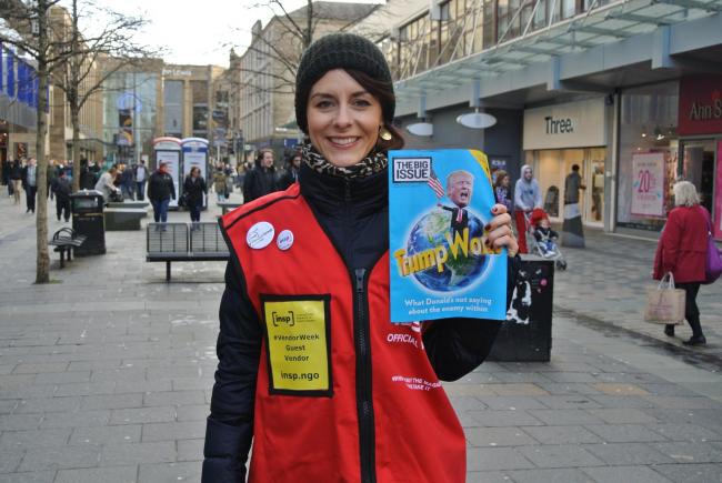 Maree sells The Big Issue during a 'Big Sell' event during Vendor Week in 2016 to raise money for INSP and street paper vendors. Courtesy of INSP.