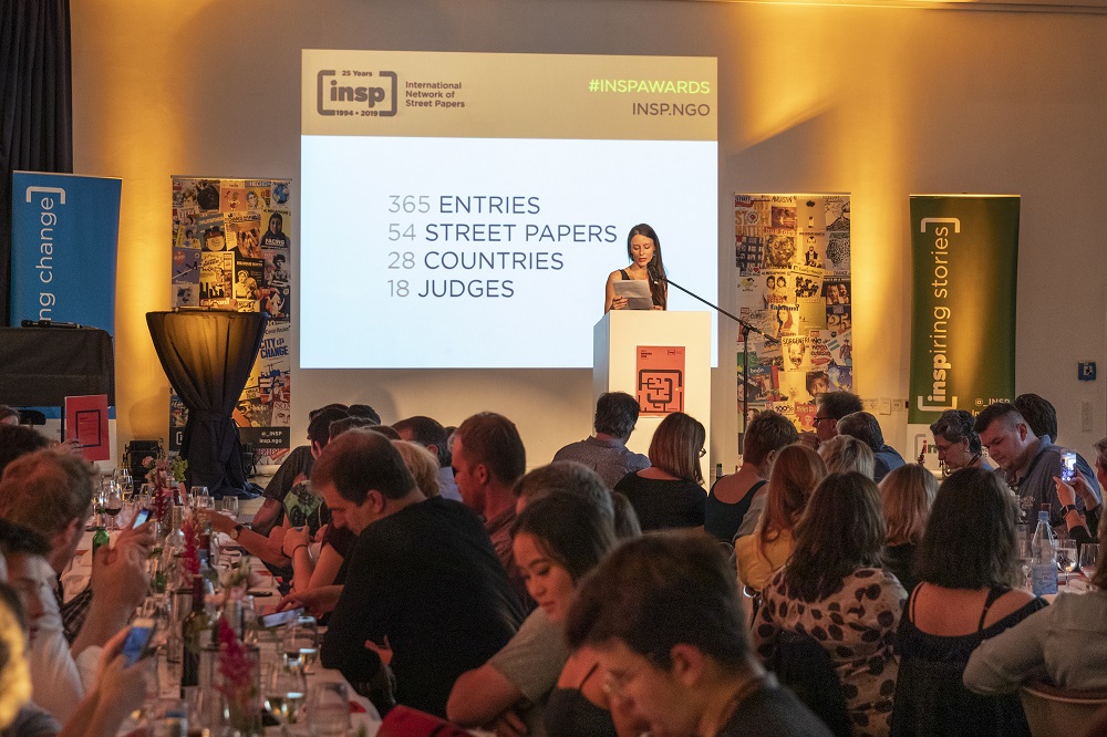 Maree presents at the street paper awards during the INSP Summit in Hanover, Germany in 2019. That year, INSP celebrated its 25th anniversary. Credit: Selim Korycki.
