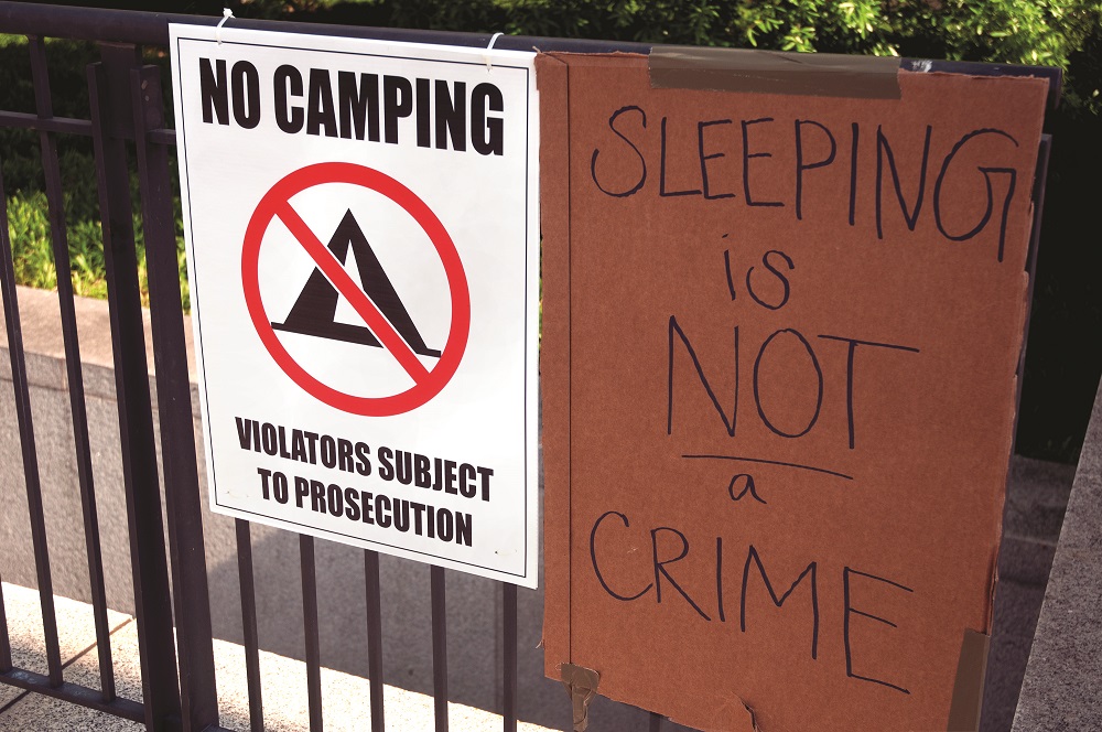 In an effort to further criminalize homelessness, Tennessee Legislatures passed a bill which makes camping or sleeping alongside a state or interstate highway a felony. This No Tresspassing sign in front of the State Capitol was put up after the Occupy Protests in 2010. Photo by Alvine.